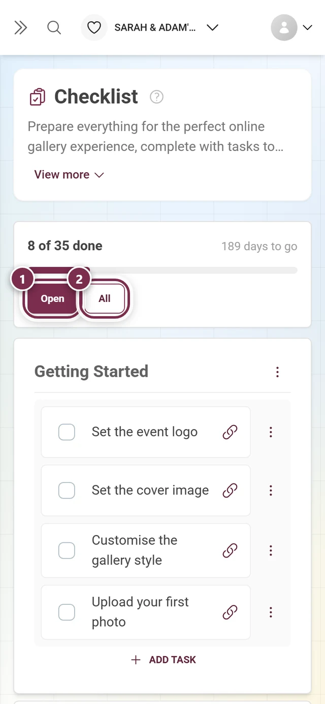 Header of the full checklist view with the filter buttons Open and All highlighted