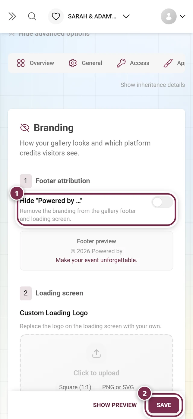 Footer attribution section with the switch and the save bar marked