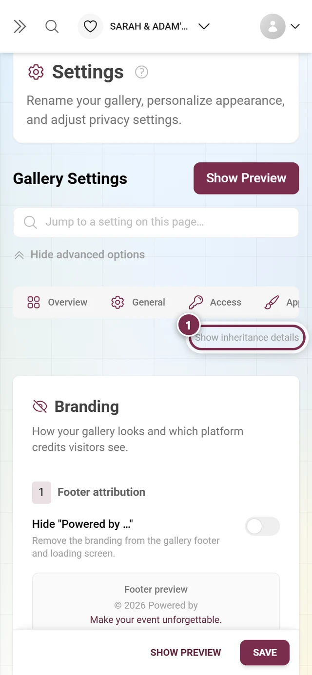 White-label tab with the inheritance details toggle highlighted
