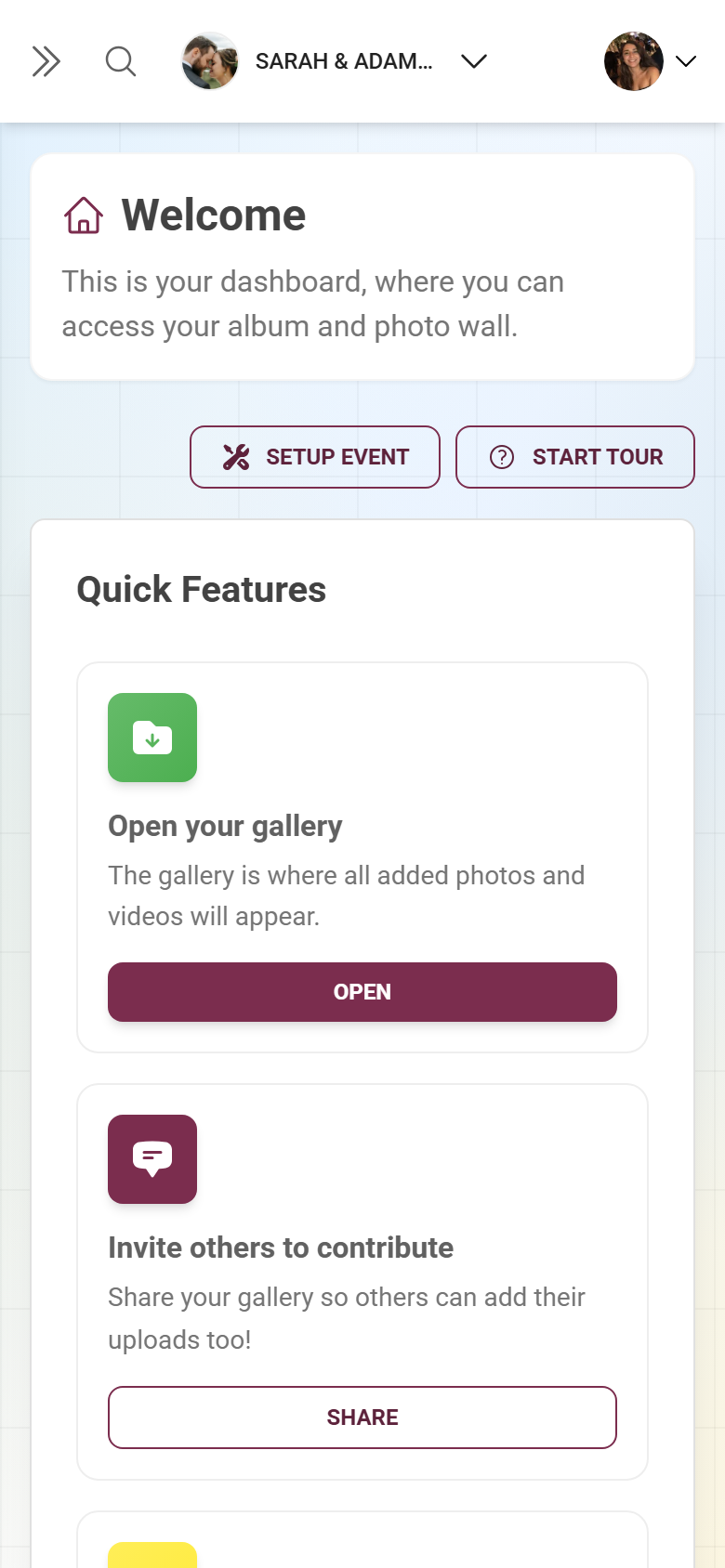 Admin overview with statistics, quick actions and checklist