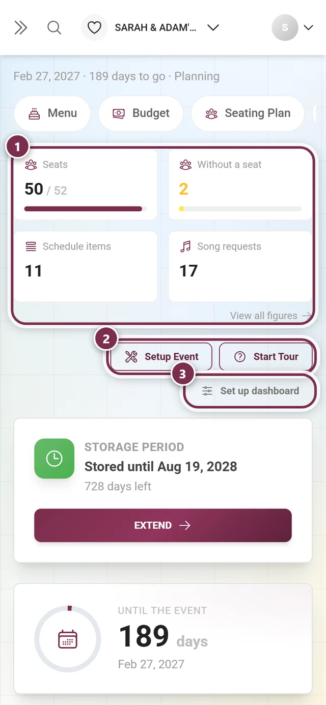 Admin dashboard with the Setup Event, Start Tour and Set up dashboard buttons plus the Next steps card