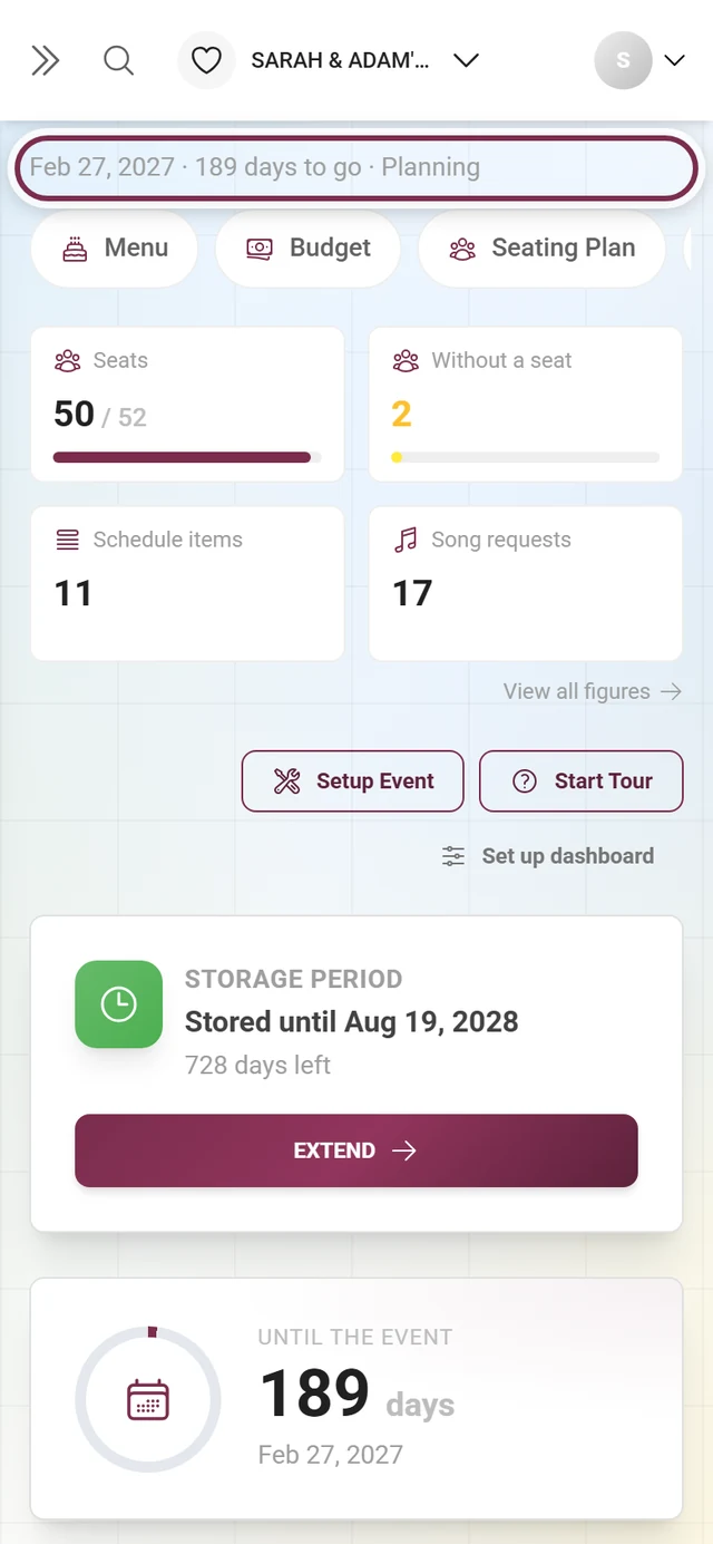 Dashboard header with the event name and the line made of date, days to go and phase