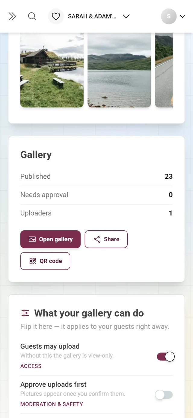 The “Gallery” card with figures and the buttons open gallery, share, QR code