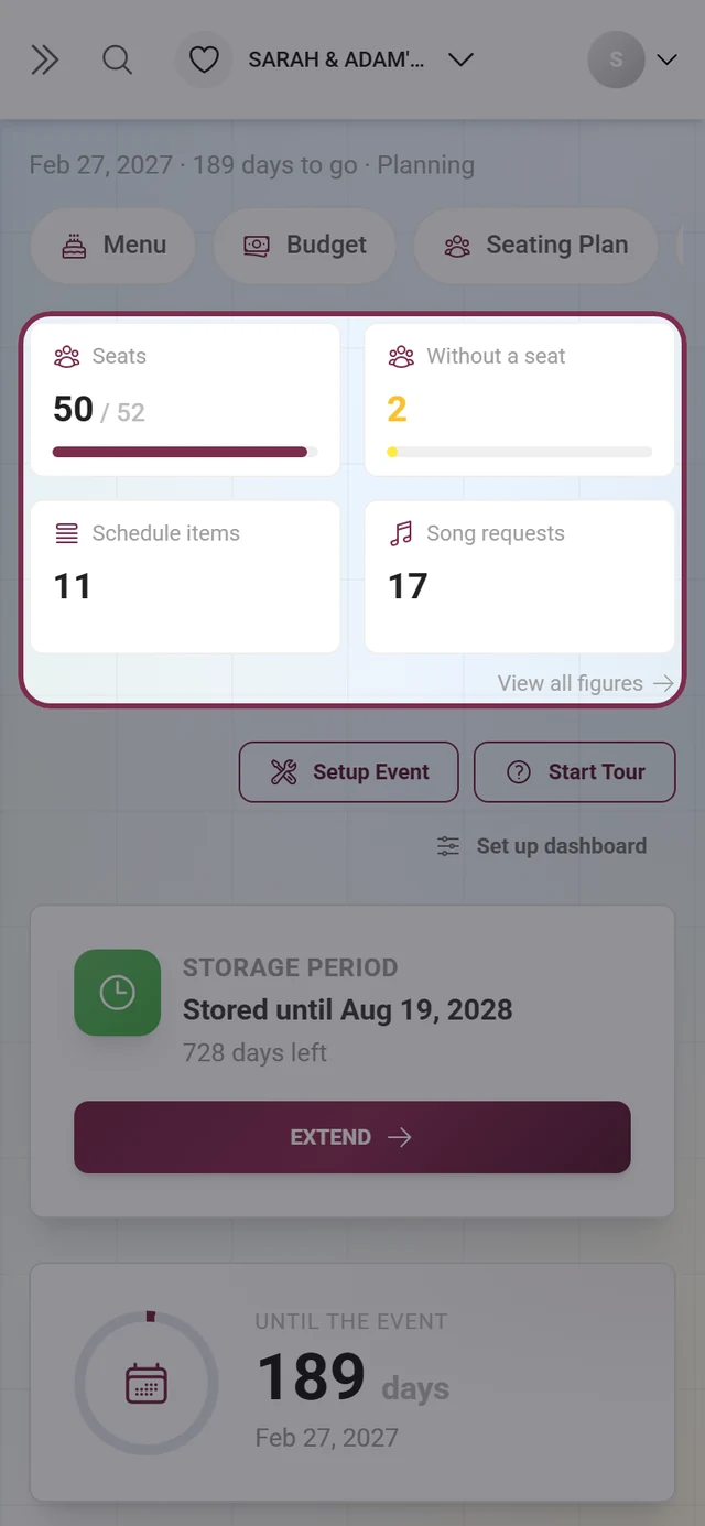 Metric band with photos, guests and storage in the host dashboard