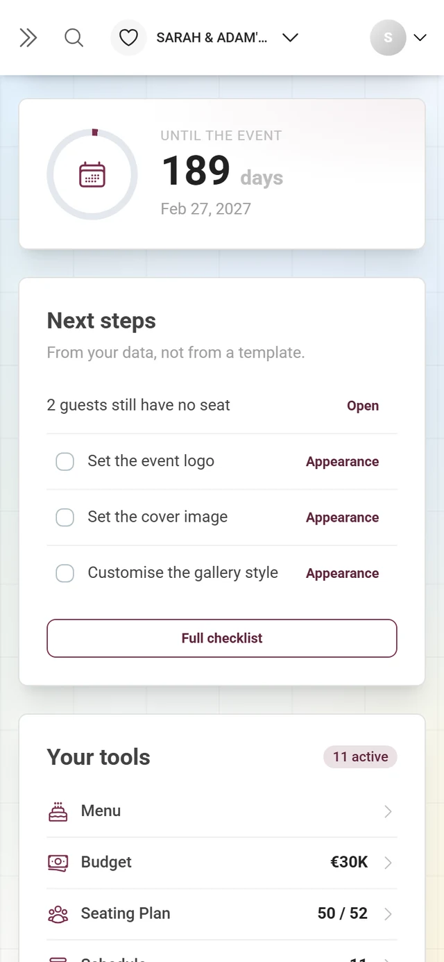 The Next steps dashboard card with derived steps and open tasks