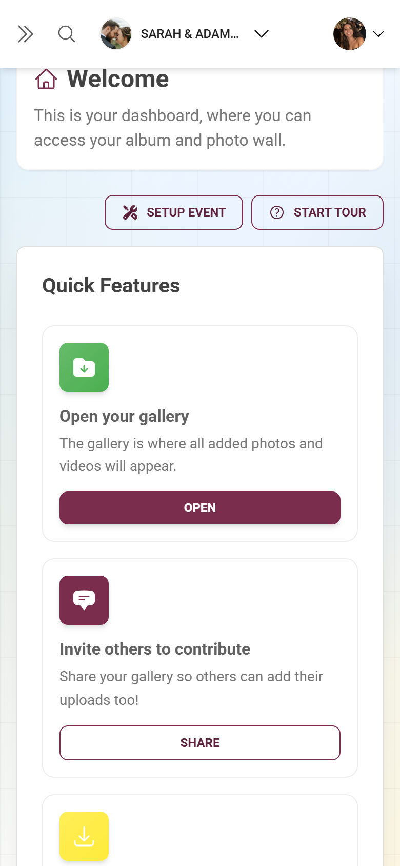 The “Quick Features” card with the quick-action tiles