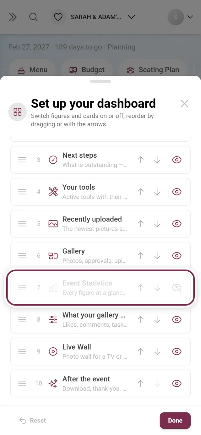 Set up your dashboard dialog with the Event Statistics card highlighted