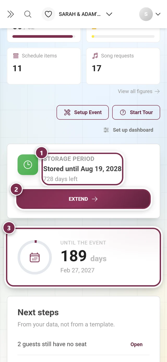 The storage period and countdown cards in the dashboard