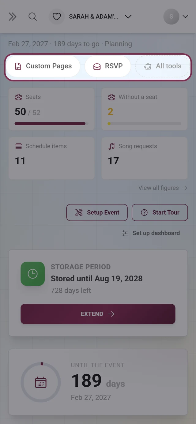 Horizontal pill rail of the active tools on the dashboard on a phone