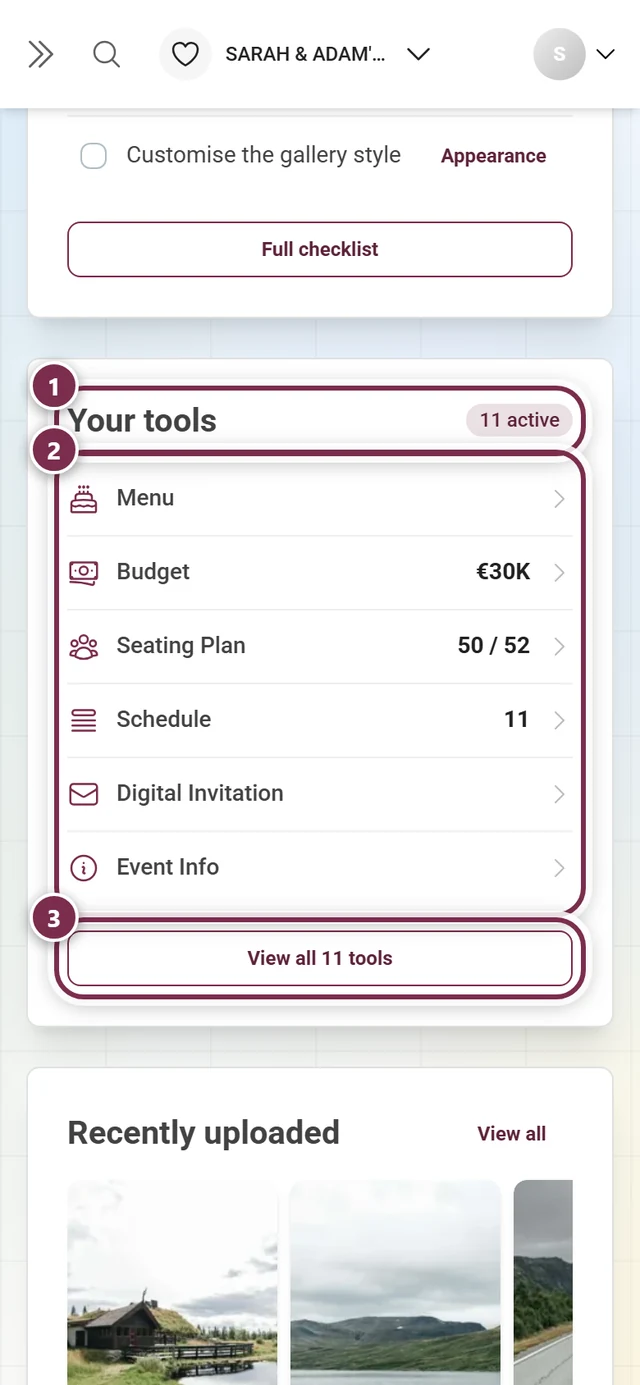Dashboard card Your tools with active tools and their figures