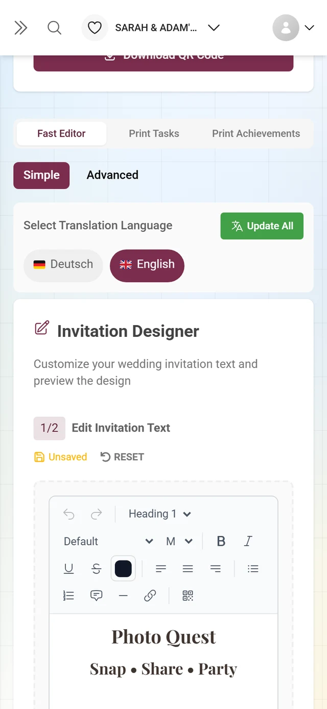 The fast template editor with a toolbar for adding text and designing the invitation