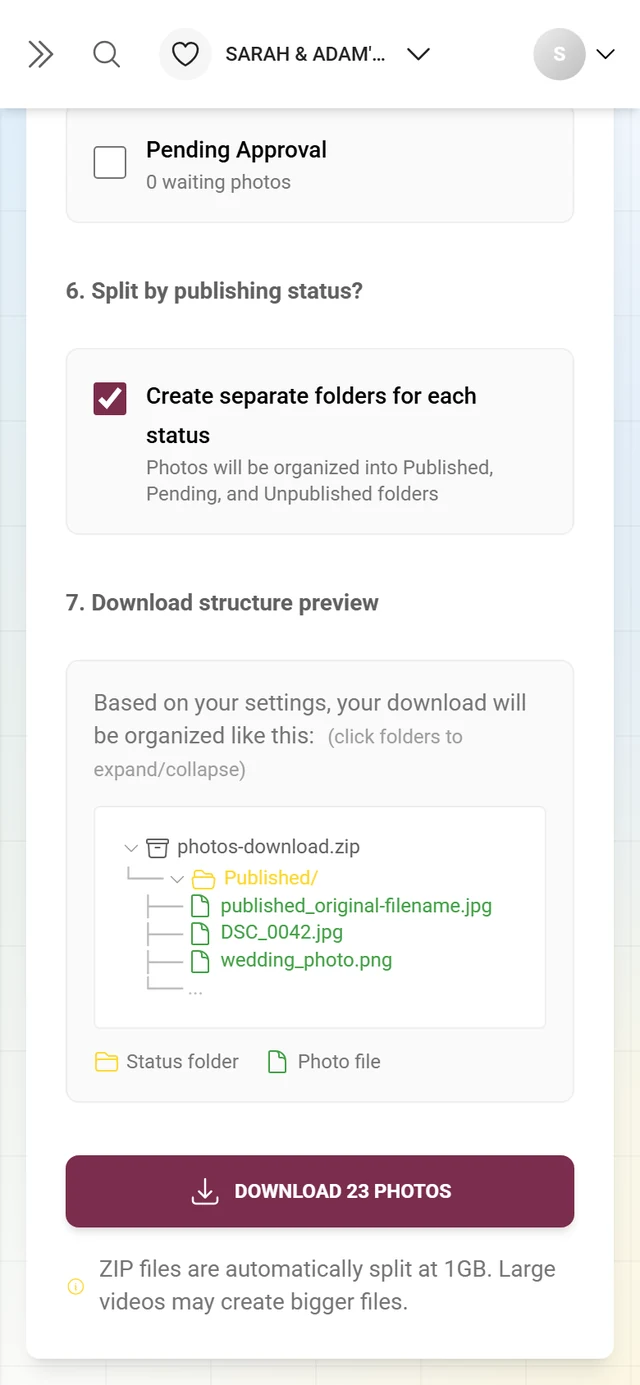 Step 7 with the ZIP archive folder tree and the download button