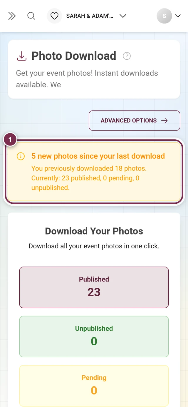 Yellow banner pointing out new photos since the last download, highlighted