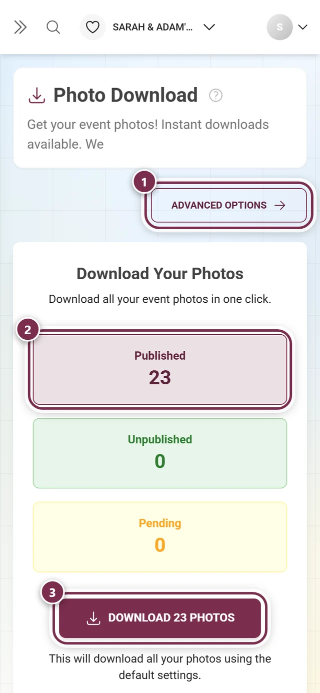 Download page for the ZIP backup with three controls highlighted
