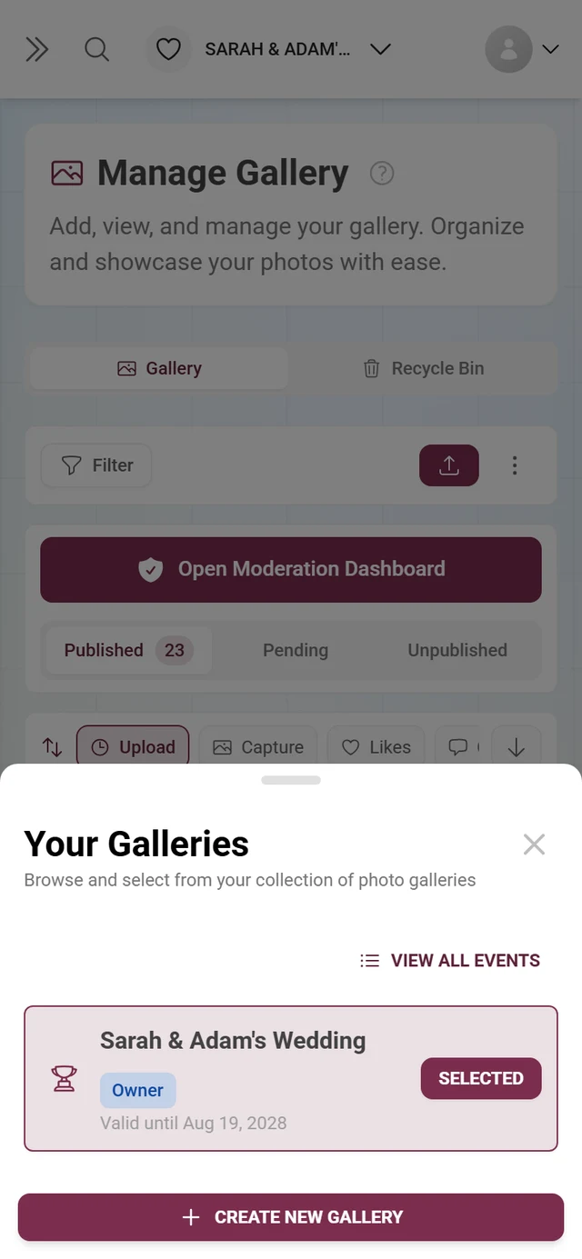 Your Galleries dialog with one gallery, an Owner role badge and the Create new gallery button