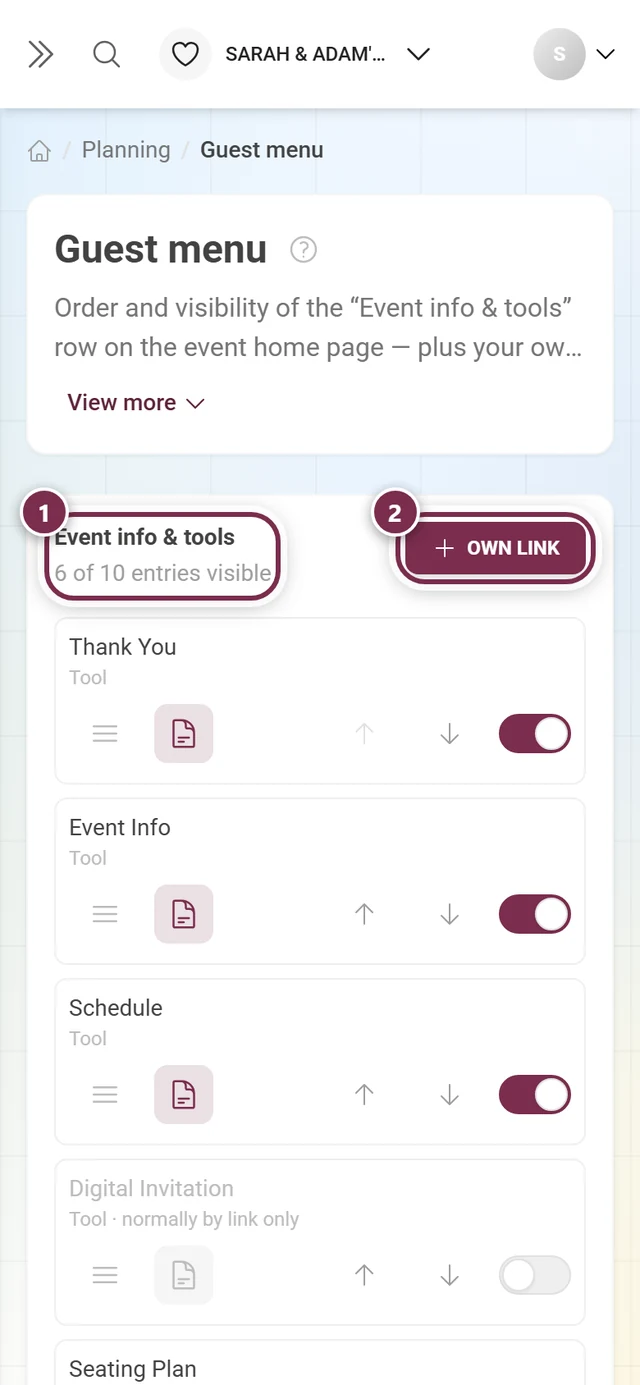 Guest menu editor with heading, counter, the Own link button and the sortable list
