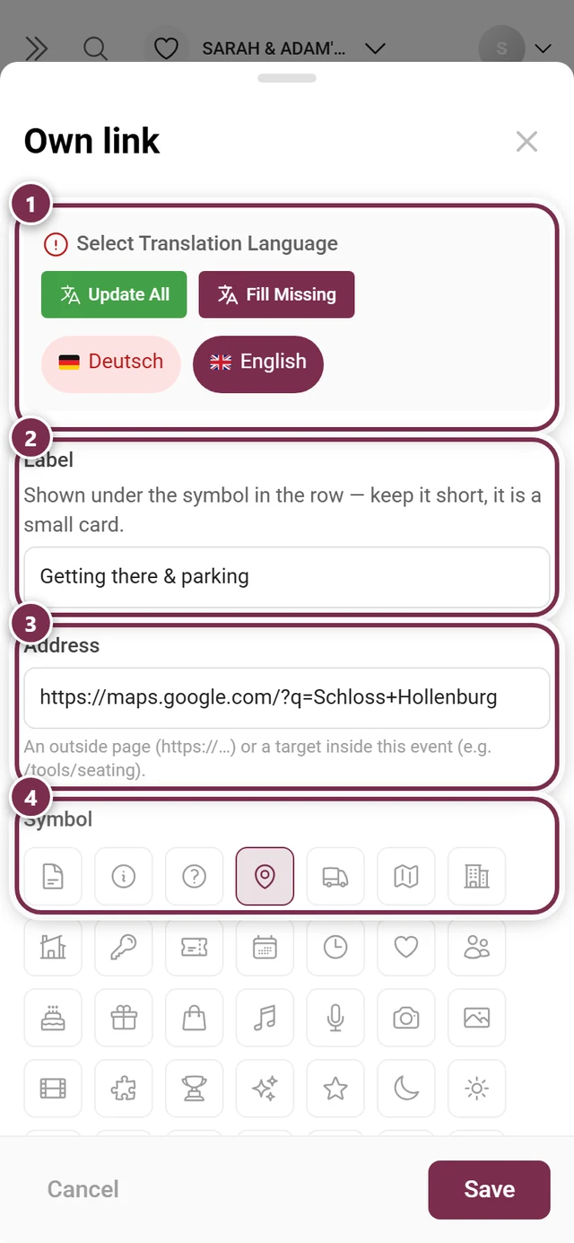Own link dialog with translation language, label, address and symbol picker