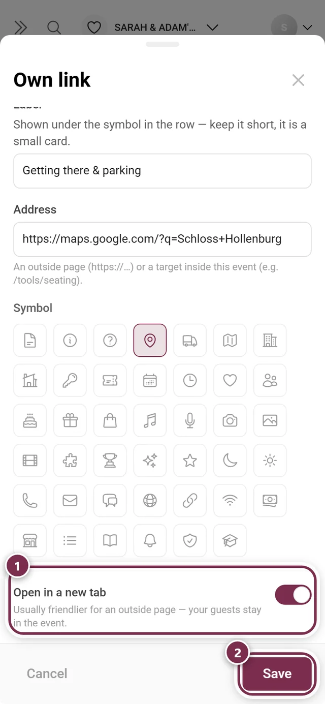 Lower part of the dialog with the full symbol grid, the open-in-new-tab switch and the save button
