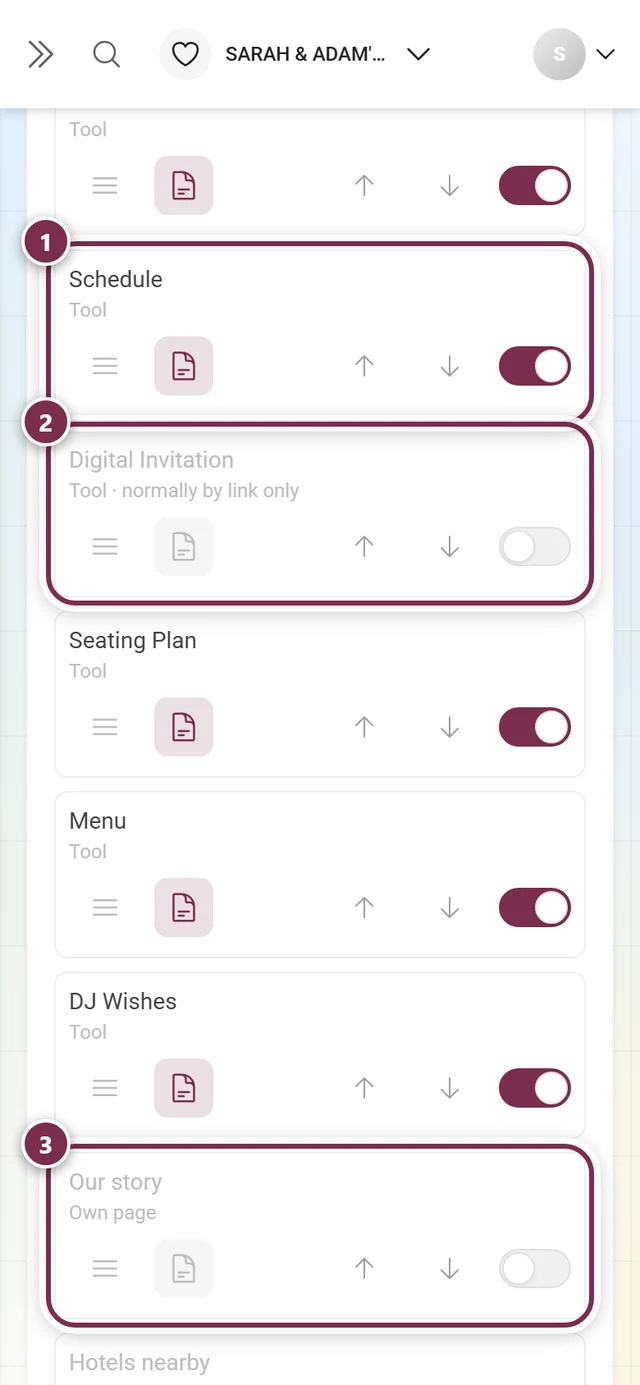 Three rows of the guest menu showing the kinds Tool, link-only tool and Own page