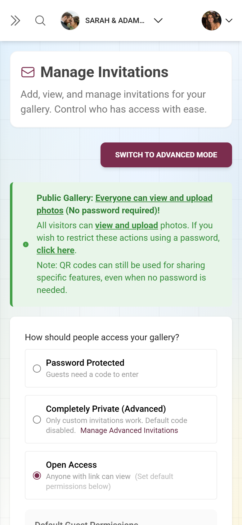 The “Manage Invitations” page in simple mode with access settings, default code and share bar