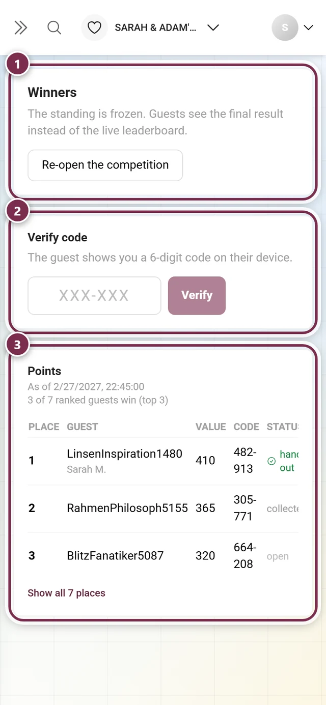 Winners page with the Winners block, the Verify code field and the Points standings table