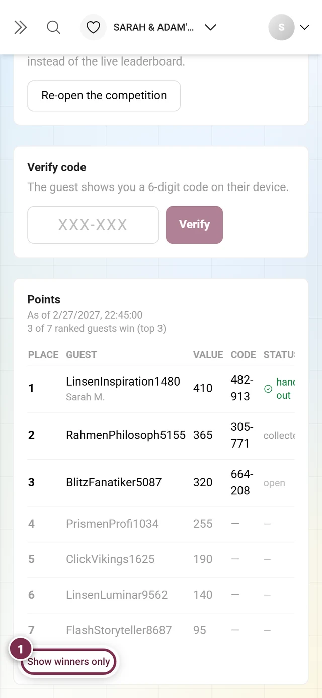 Winners table with all seven places, places four to seven without a code