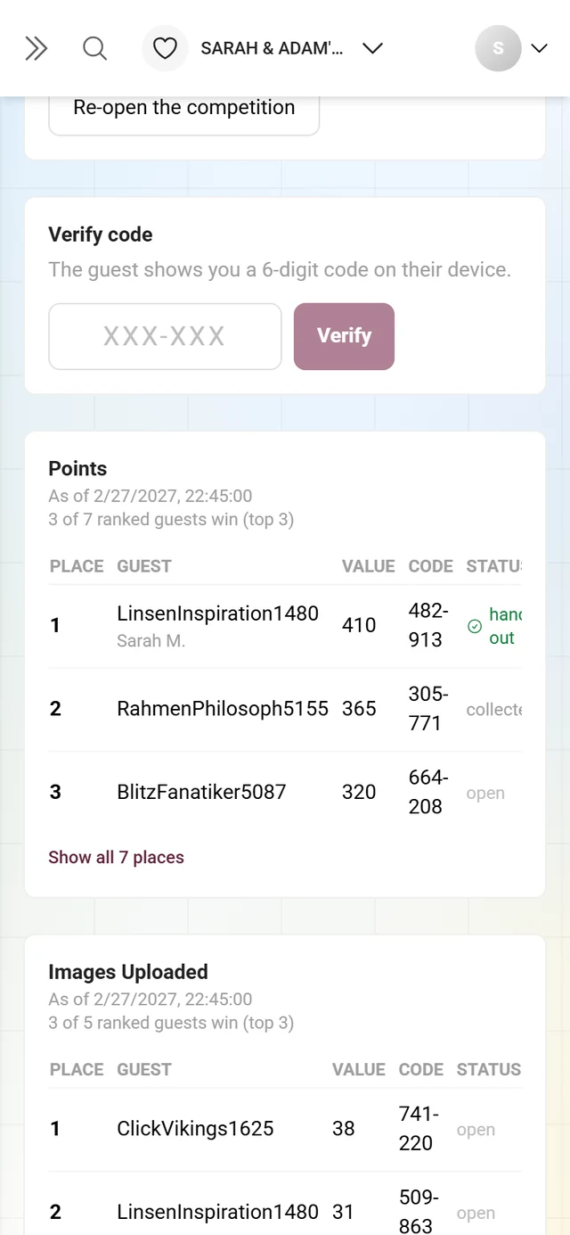 Two tables below each other, Points and Images Uploaded, each with its own winners