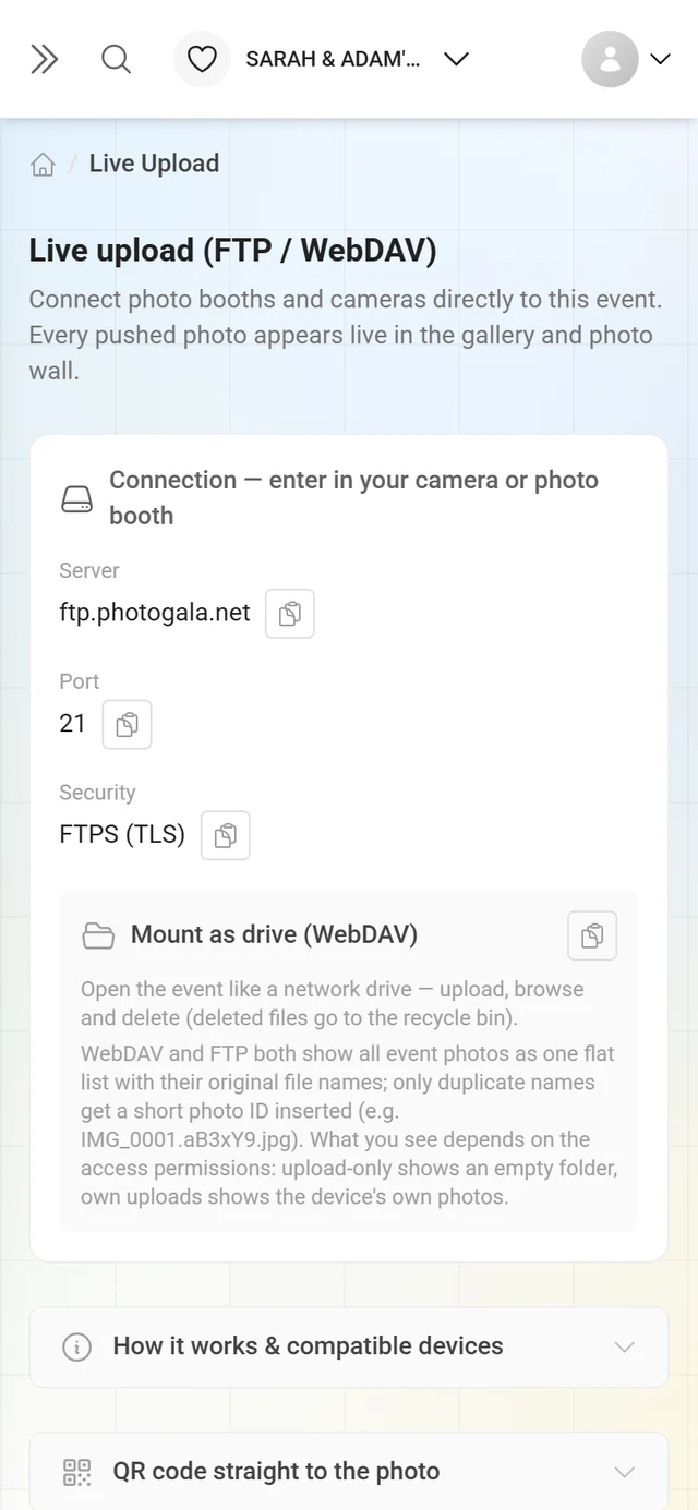 Live Upload page with connection card and access list