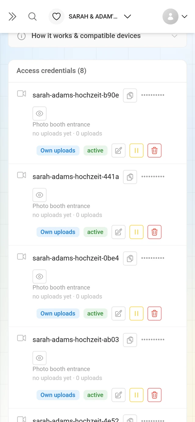 List of accesses with label, username and status