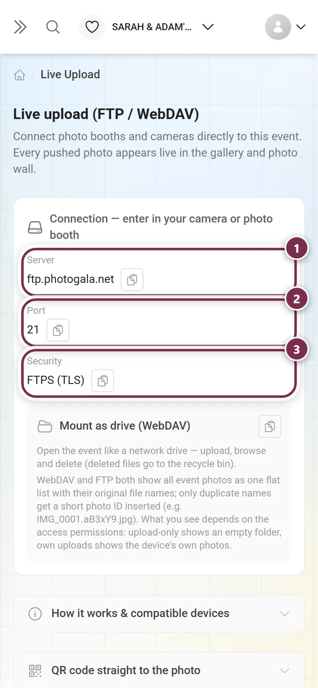 Connection card with the Server, Port and Security fields marked