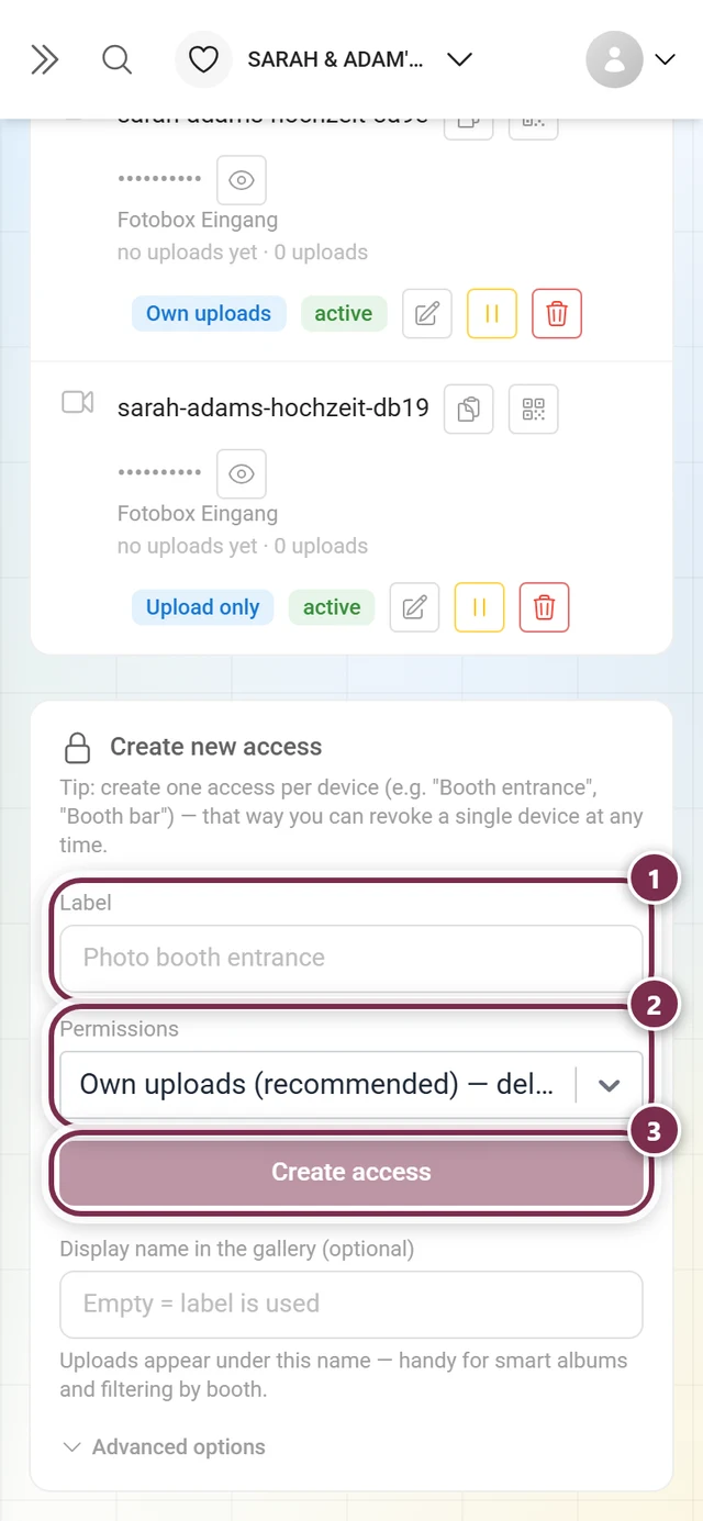 Create new access form with the Label field, the Permissions dropdown and the Create access button marked