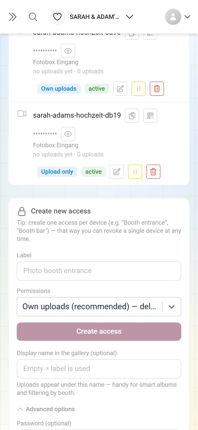 Form for a new access with the advanced options expanded