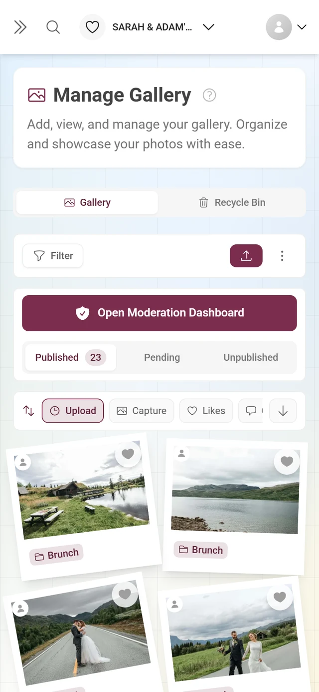 Manage Gallery page with page tabs, action bar, moderation panel, sort bar and photo grid