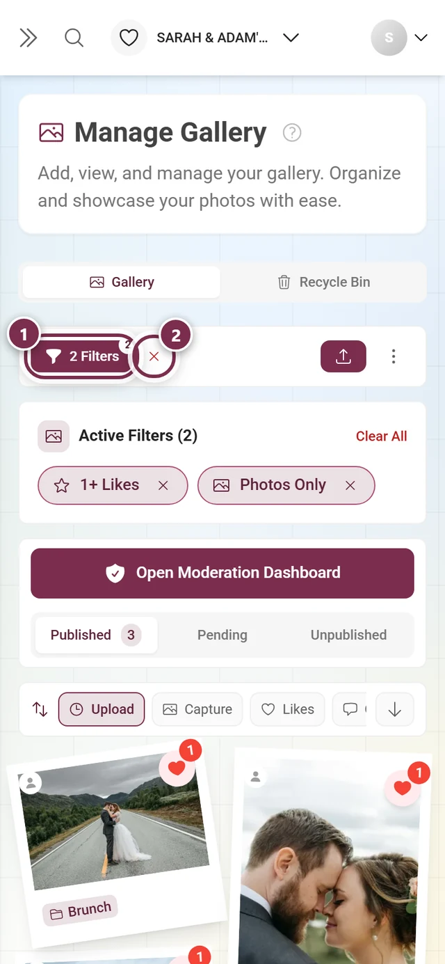 Action bar with a solid filter button showing the count and the red X next to it