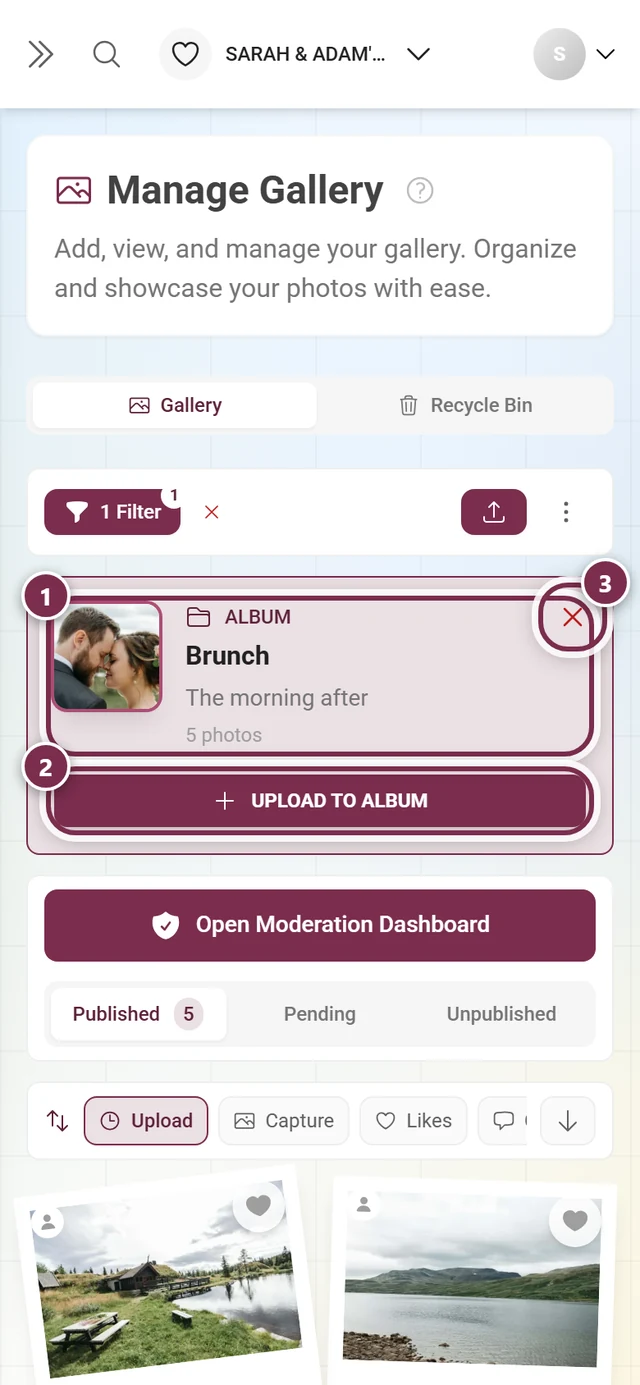 Album card above the gallery with cover, title, subtitle, photo count, Upload to Album button and X