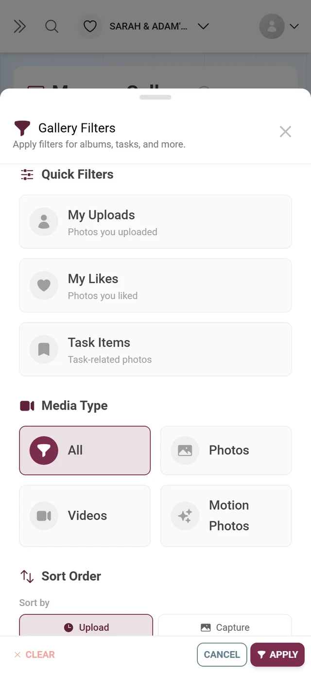 Gallery Filters dialog with quick filters, media type, sort order and albums