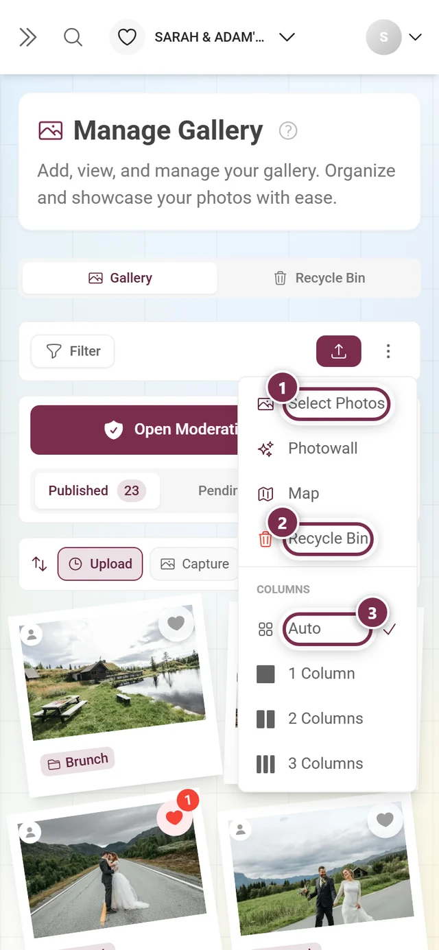 Open three-dot menu on a phone with Select Photos, Photowall, Map, Recycle Bin and the size options