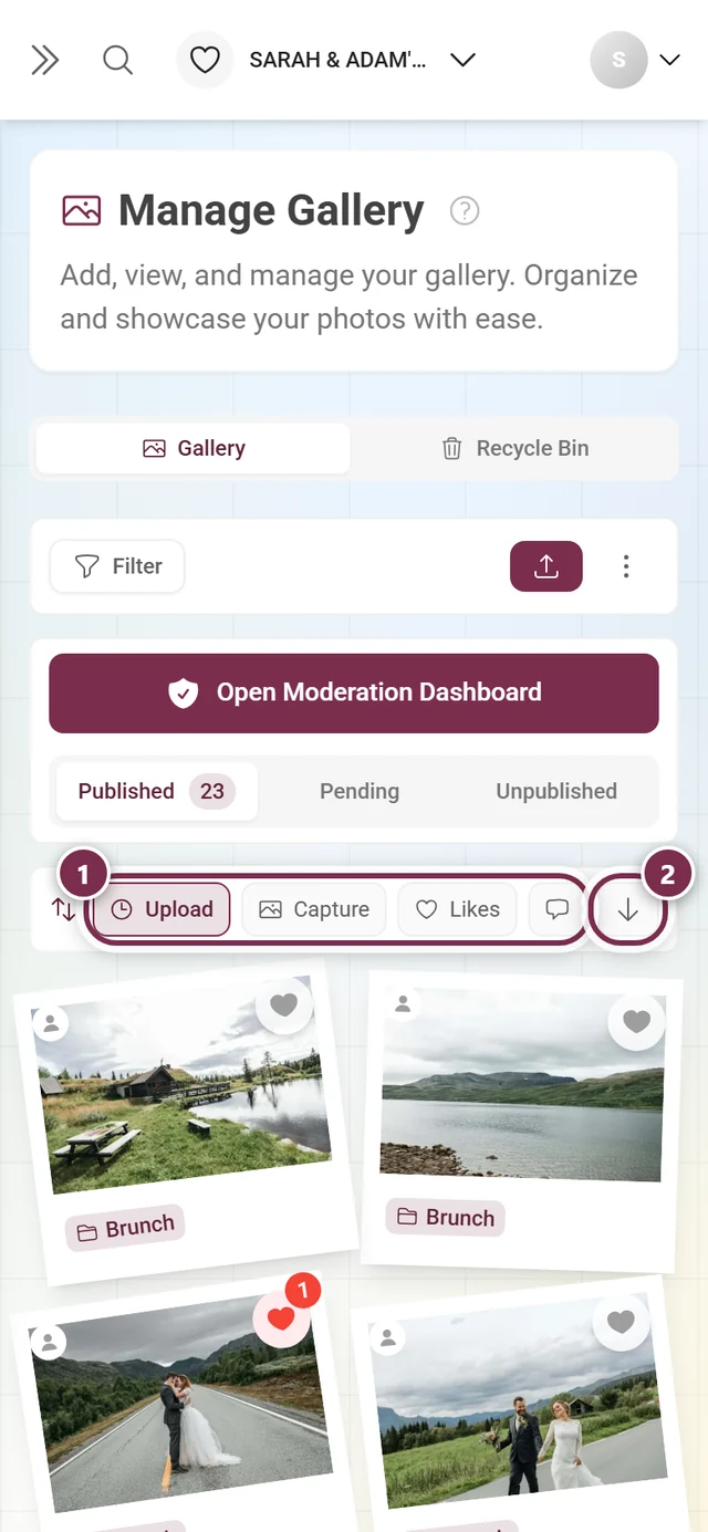 The sort bar with highlighted criteria and highlighted direction button