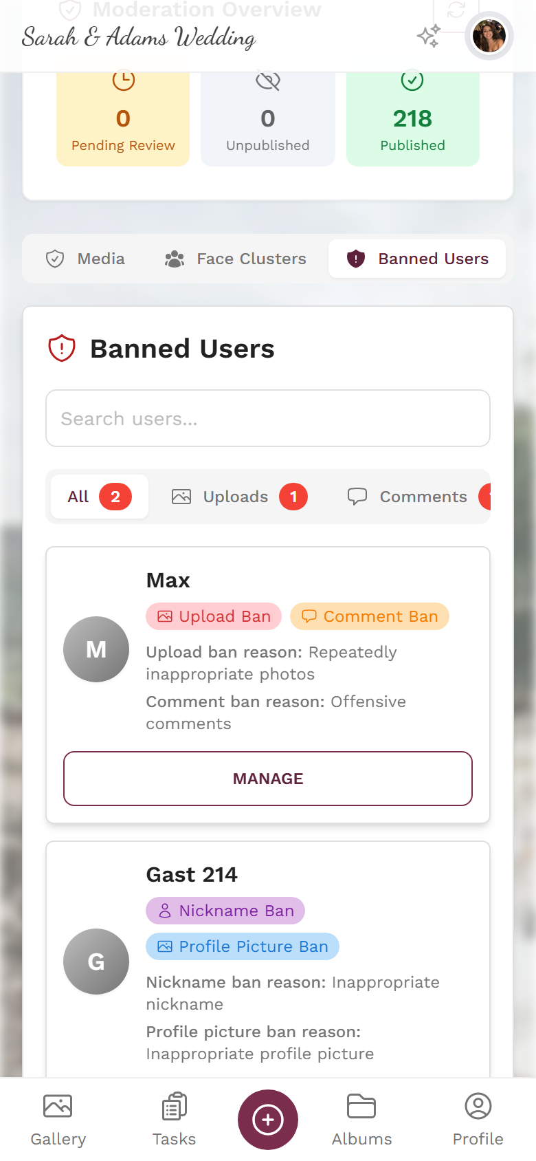Banned Users tab with filters and user cards