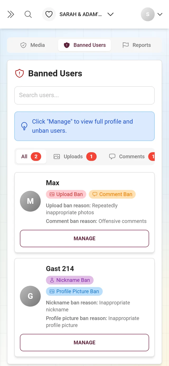 Banned Users tab with sub-tabs and the banned people plus their ban badges