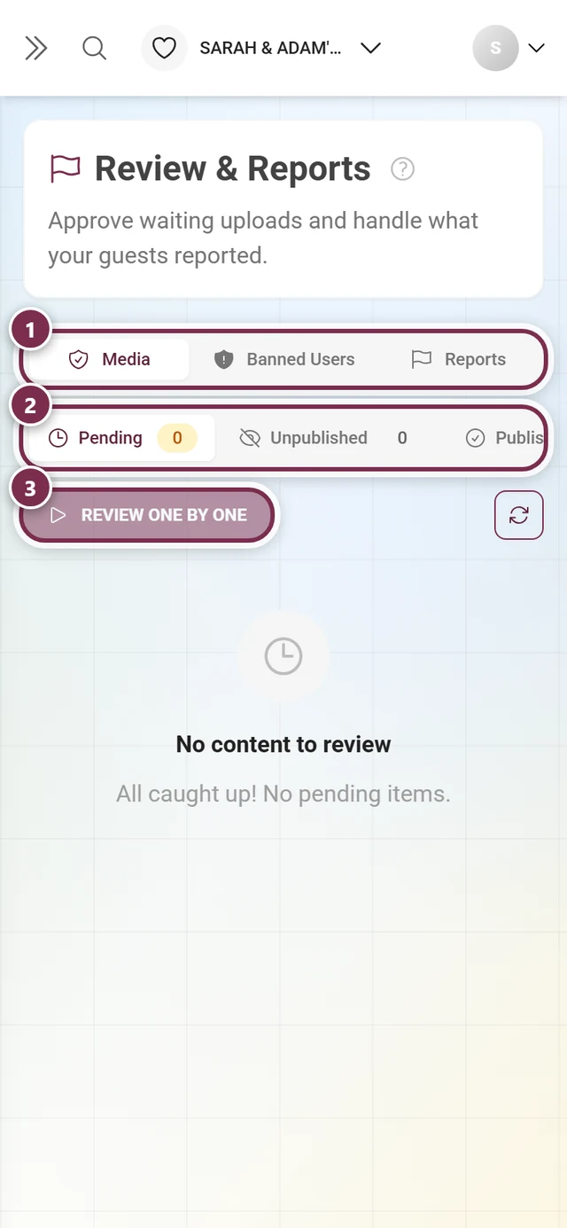 Review and Reports page in the admin area with the Media, Banned Users and Reports tabs