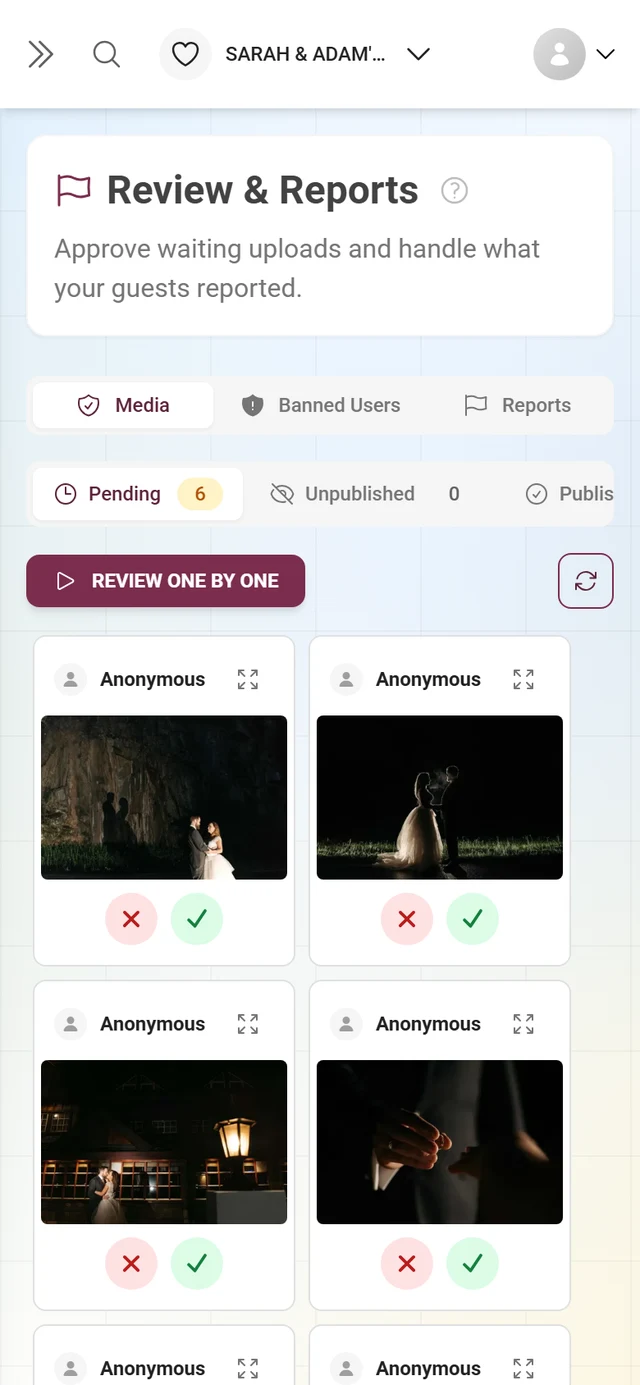 Media tab with the status bar Pending 6, Unpublished 0, Published 17 and six cards carrying a red X and a green checkmark