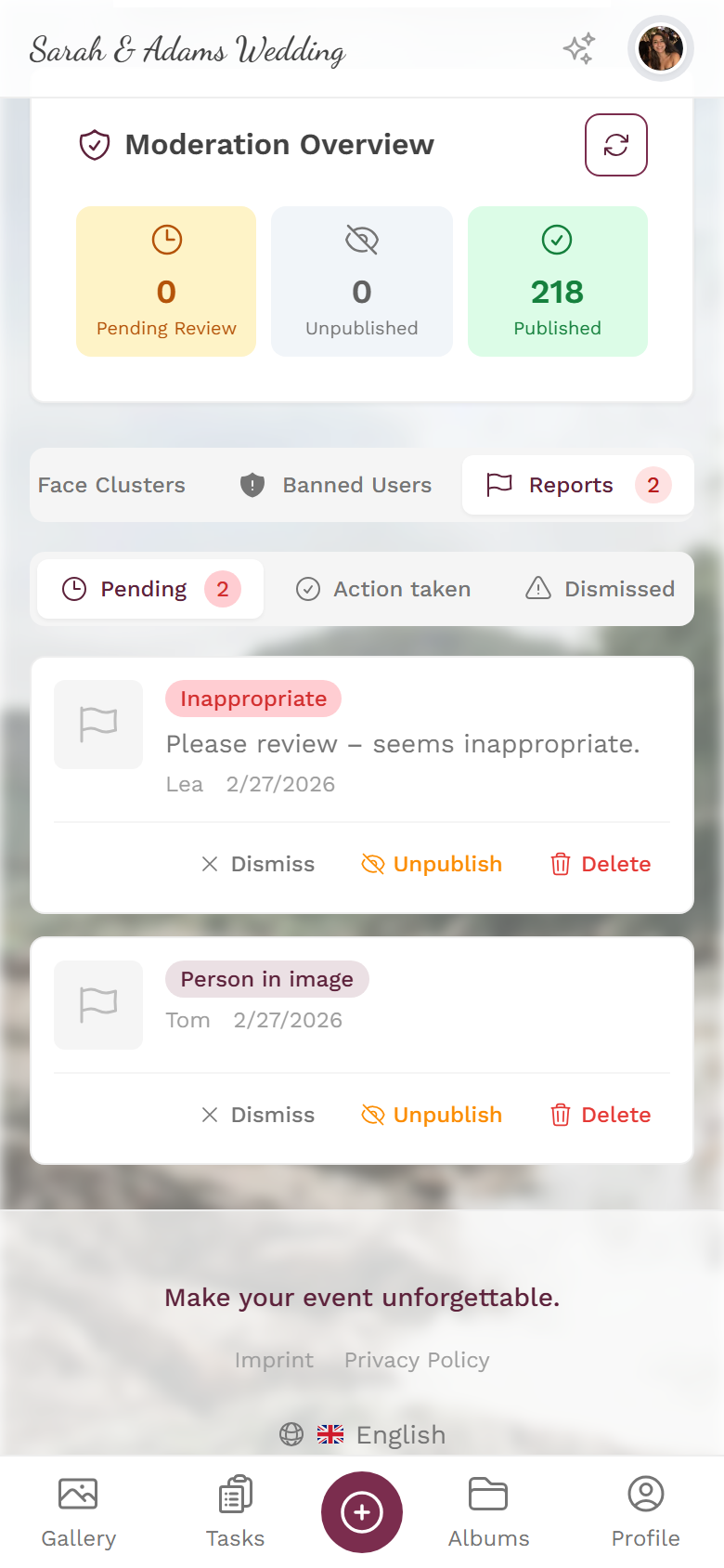 Reports tab in moderation showing content flagged by guests
