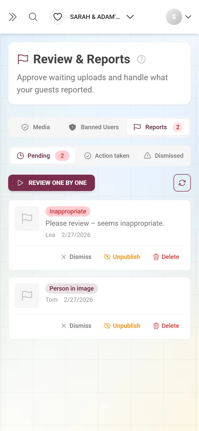 Reports tab with flagged content, reason badges and the Dismiss, Unpublish and Delete actions