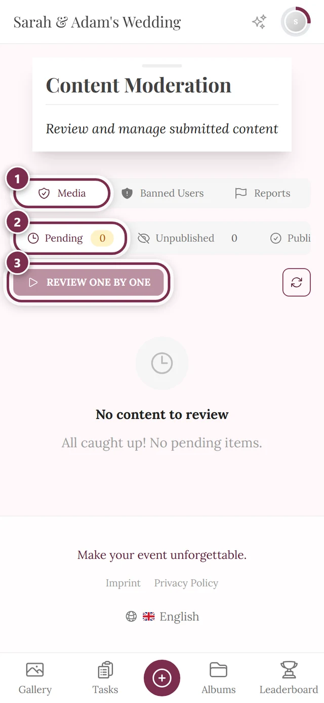Moderation page without the admin frame, with the tab bar, status filter and review mode highlighted