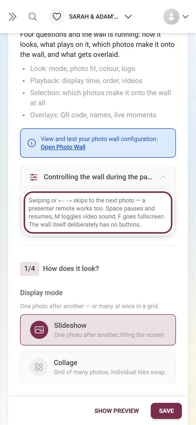 Expanded section Controlling the wall during the party showing the key bindings
