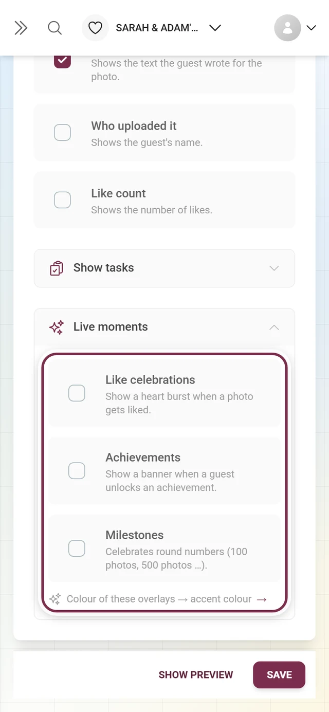 Expanded Live moments section with the switches Like celebrations, Achievements and Milestones