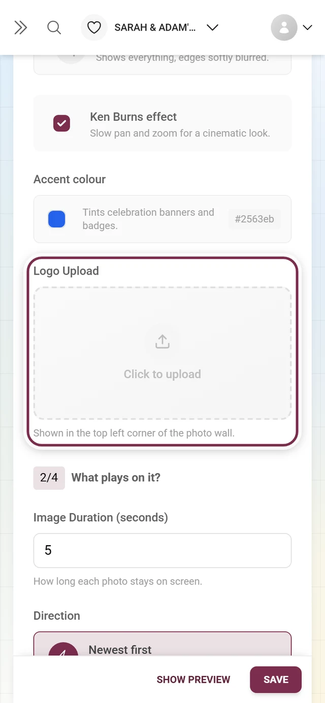 Upload field for the photo wall logo in question 1 of the photo wall settings