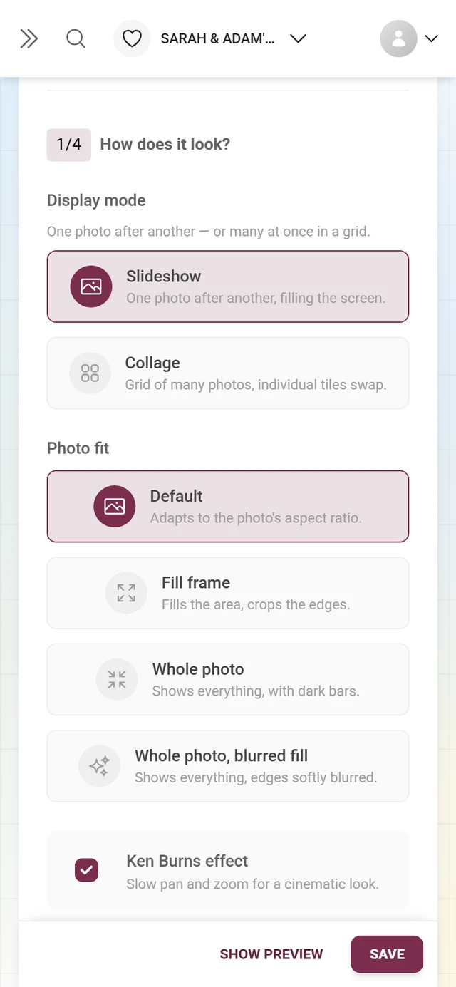 Section 1/4 How does it look, with display mode and photo fit