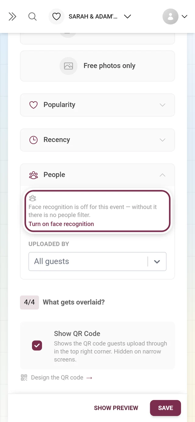 People section of the photo wall tab showing the people filter or the face recognition notice